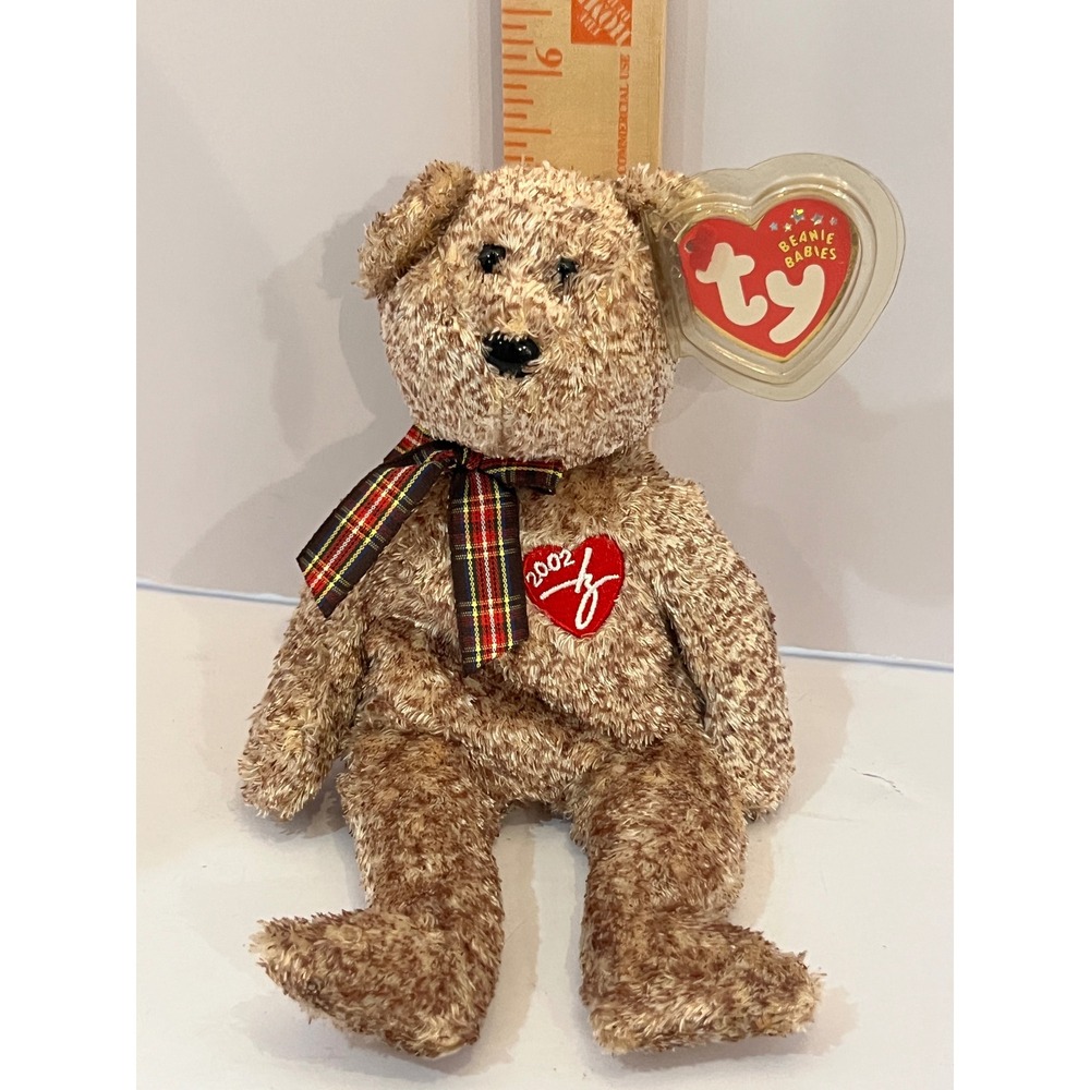 Ty Beanie Babies 2002 Signature Bear Brown Mottled Plush Plaid Bow Heart Tag